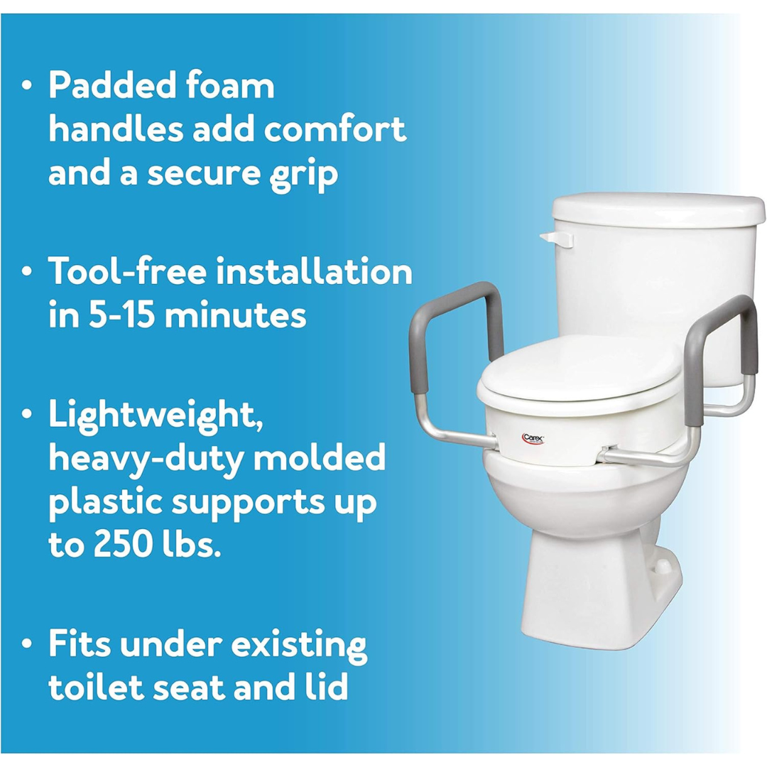 The Carex 3.5" Raised Toilet Seat with Arms adds comfort and support to standard toilets. Featuring padded foam handles, tool-free installation, and a 250 lb weight capacity, it fits existing seats and lids. Blue gradient background included.