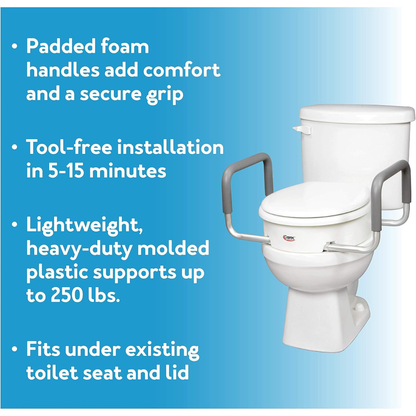 The Carex 3.5" Raised Toilet Seat with Arms adds comfort and support to standard toilets. Featuring padded foam handles, tool-free installation, and a 250 lb weight capacity, it fits existing seats and lids. Blue gradient background included.