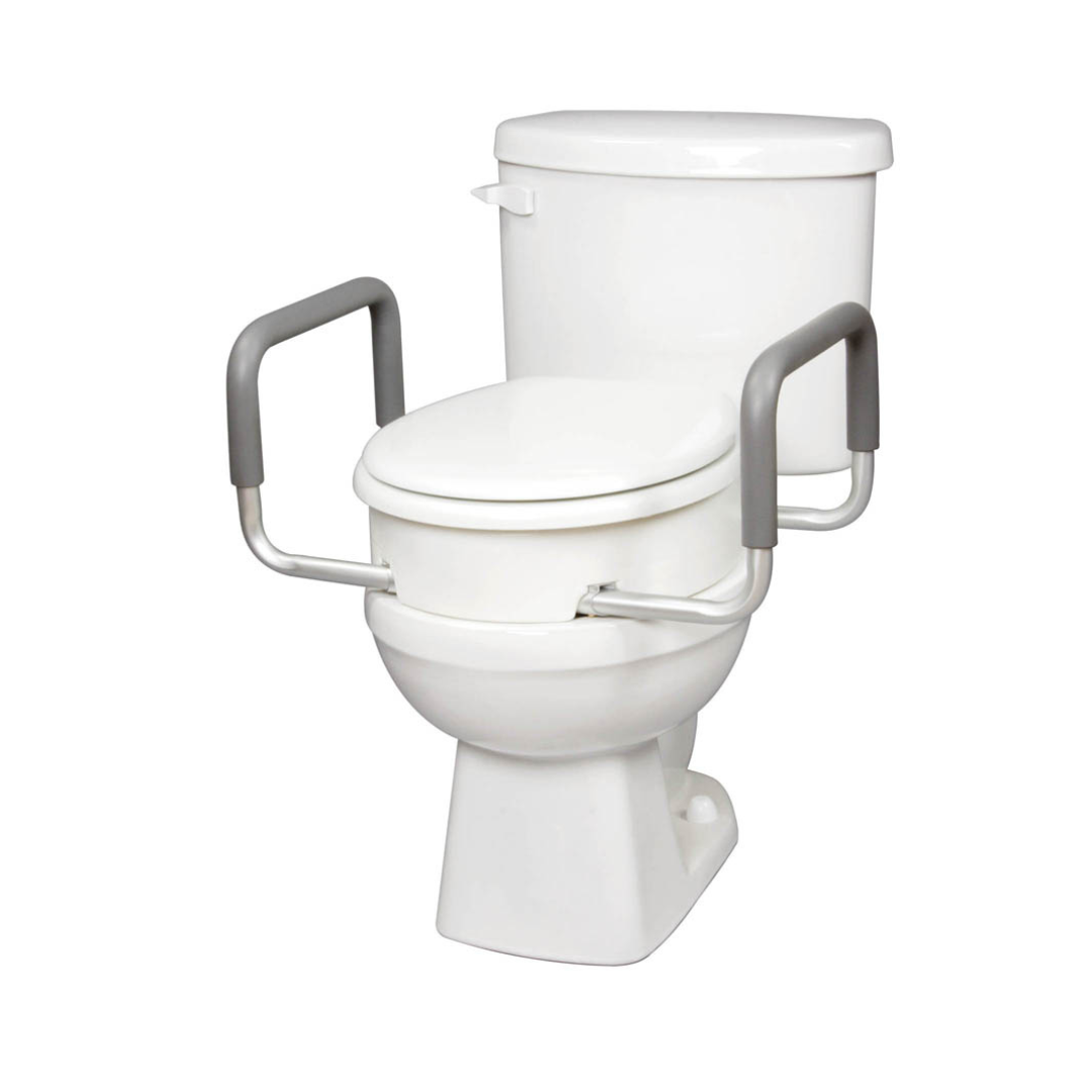 The Carex 3.5" Raised Toilet Seat with Arms is a white round elevated toilet seat with two gray padded rails, designed to offer extra support and comfort for seniors and those with mobility challenges.