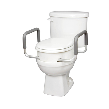 The Carex 3.5" Raised Toilet Seat with Arms is a white round elevated toilet seat with two gray padded rails, designed to offer extra support and comfort for seniors and those with mobility challenges.