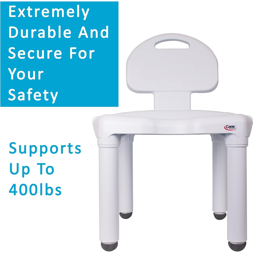 The Carex Bariatric Bath Seat And Shower Chair with Backrest is a sturdy, white adjustable seat featuring a handle and backrest. Blue text highlights its durability, security, and 400 lb weight capacity—perfect for seniors or bariatric use.