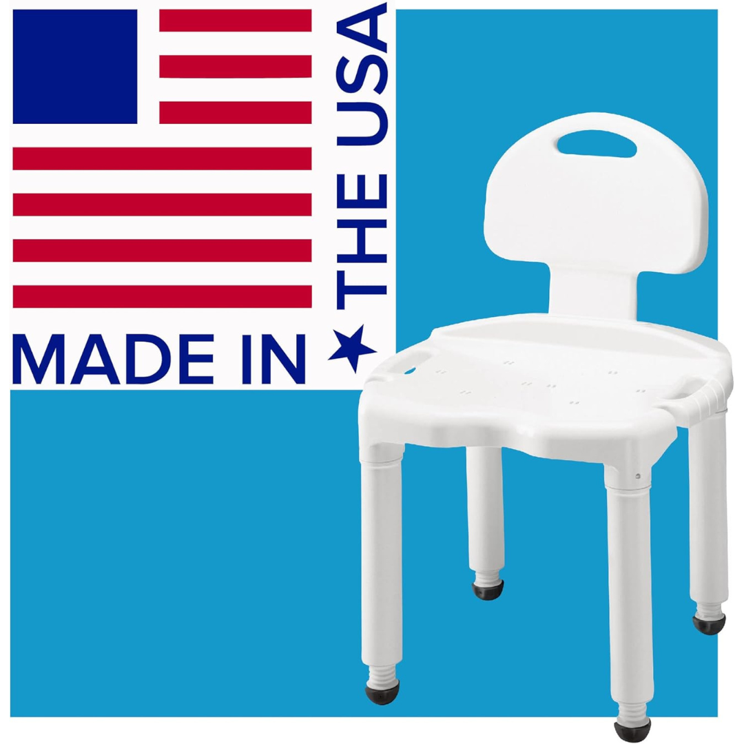 The Carex Bariatric Bath Seat And Shower Chair with Backrest, in white, is displayed before a blue backdrop featuring an American flag and the words “MADE IN THE USA.”.