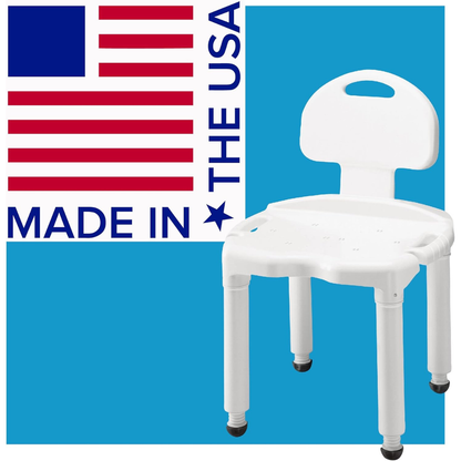 The Carex Bariatric Bath Seat And Shower Chair with Backrest, in white, is displayed before a blue backdrop featuring an American flag and the words “MADE IN THE USA.”.