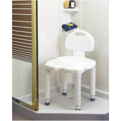 A Carex Bariatric Bath Seat and Shower Chair with Backrest is set in a corner shower with a glass door, while wall shelves nearby hold soap, a bottle, and a folded washcloth.