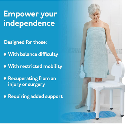 An older woman wrapped in a towel stands next to the Carex Bariatric Bath Seat And Shower Chair with Backrest, which supports independence for those with balance issues, limited mobility, recovering from injury, or needing extra support.