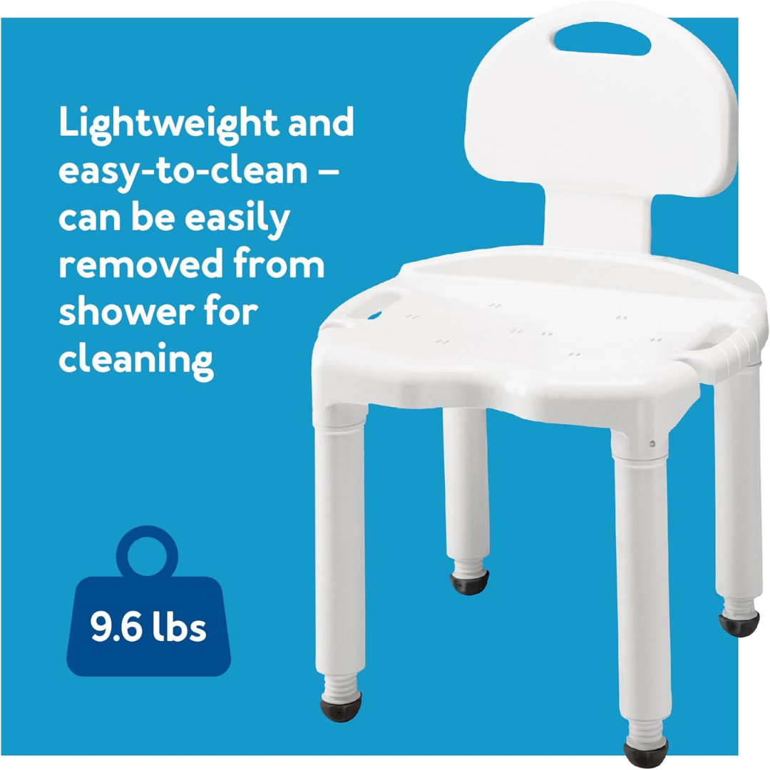 The Carex Bariatric Bath Seat and Shower Chair with Backrest, shown in white with four legs on a blue background, is lightweight (9.6 lbs) and easy to clean—ideal for seniors and easily removed from the shower for cleaning.