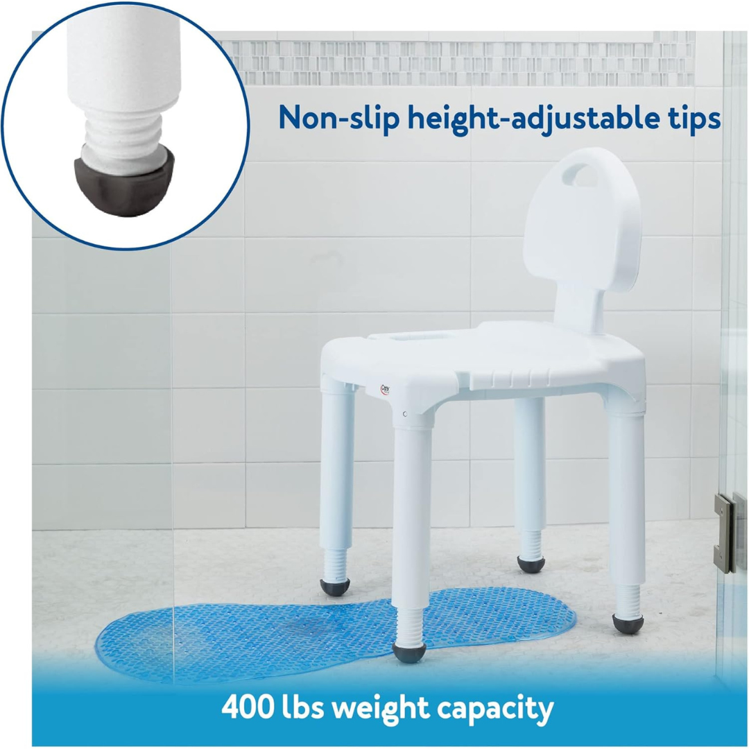 The Carex Bariatric Bath Seat and Shower Chair with Backrest, in white, features non-slip, height-adjustable legs and supports up to 400 lbs. Shown on a blue mat with a close-up of its rubber leg tip for added safety.