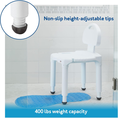 The Carex Bariatric Bath Seat and Shower Chair with Backrest, in white, features non-slip, height-adjustable legs and supports up to 400 lbs. Shown on a blue mat with a close-up of its rubber leg tip for added safety.