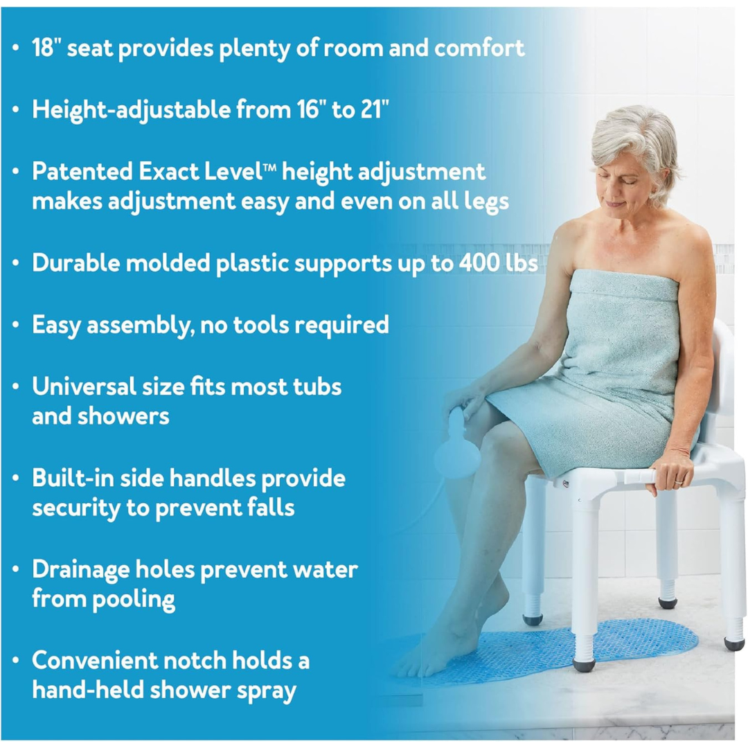 An older woman in a towel sits on the Carex Bariatric Bath Seat And Shower Chair with Backrest, featuring adjustable height, sturdy support, built-in handles, drainage holes, and easy assembly—perfect for seniors.