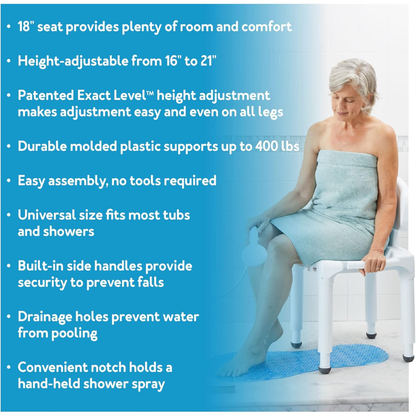 An older woman in a towel sits on the Carex Bariatric Bath Seat And Shower Chair with Backrest, featuring adjustable height, sturdy support, built-in handles, drainage holes, and easy assembly—perfect for seniors.