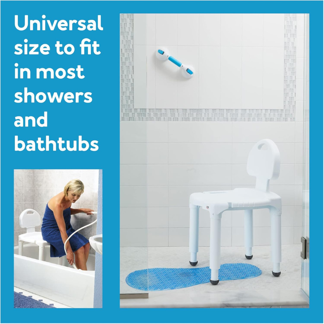 The Carex Bariatric Bath Seat And Shower Chair with Backrest is shown in a modern shower with a blue non-slip mat and grab bar. Inset shows a woman using it in a bathtub. Ideal for seniors, this chair fits most spaces.