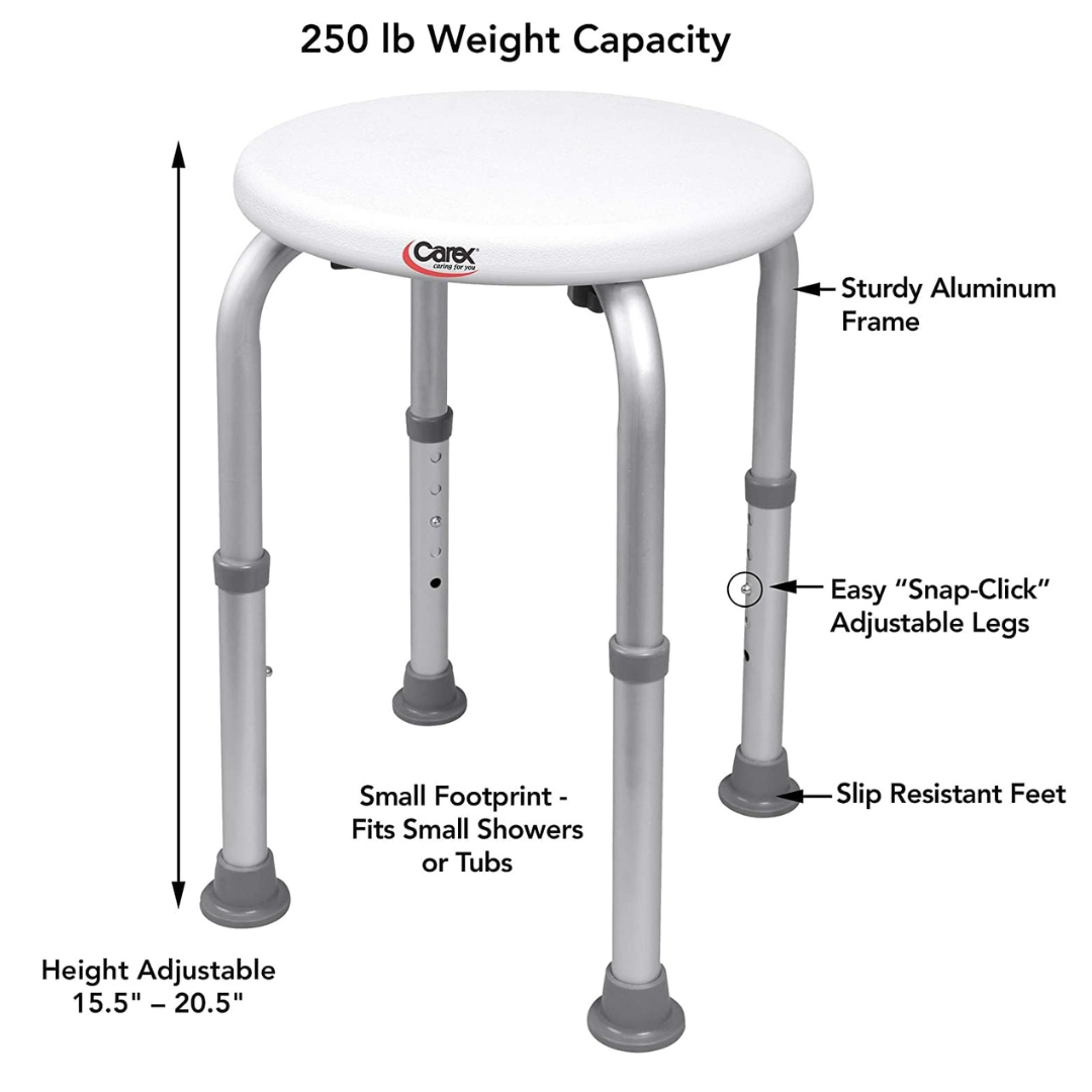 The Carex Shower Stool is portable, height adjustable (15.5–20.5"), and fits small spaces. With a sturdy aluminum frame and slip-resistant feet, it holds up to 250 lbs, making it an ideal shower seat for seniors.