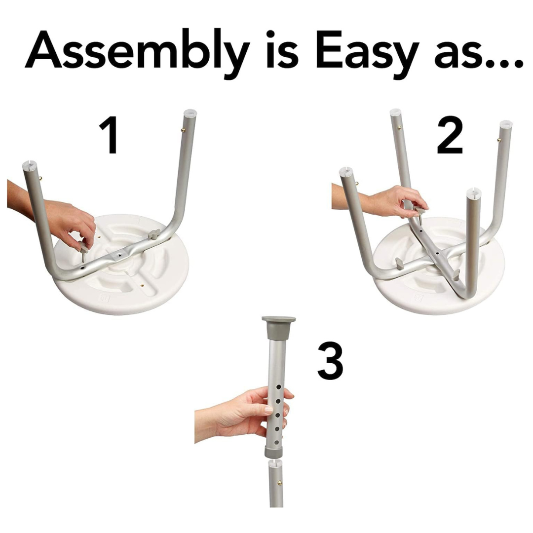 Assembly is easy with the Carex Shower Stool - Portable & Height Adjustable: Step 1—attach legs to the round white base. Step 2—connect the crossbar. Step 3—adjust the height of the stool’s pole as needed.