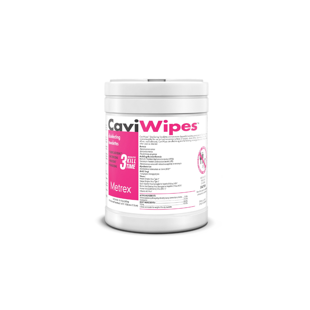 A white canister of CaviWipes™ Surface Disinfectant Large Canister by Metrex, with pink and black labeling displaying product info and a 3-minute kill time on the front.