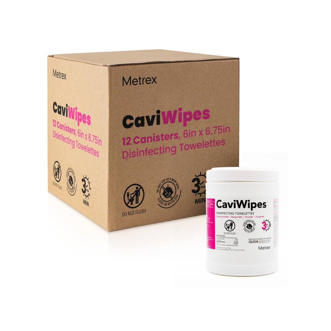 A cardboard box and a white CaviWipes™ Surface Disinfectant Large Canister are shown side by side against a white background.