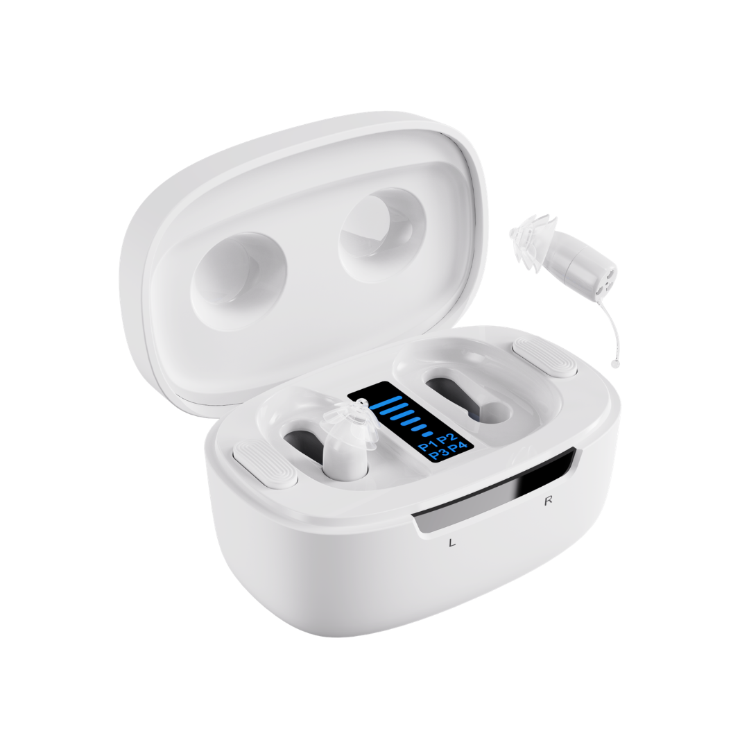 A white charging case holds two Ceretone Core One Pro Hearing Aids – Invisible-In-Canal, with an LED display showing battery levels; a small extra earpiece is placed beside the case.