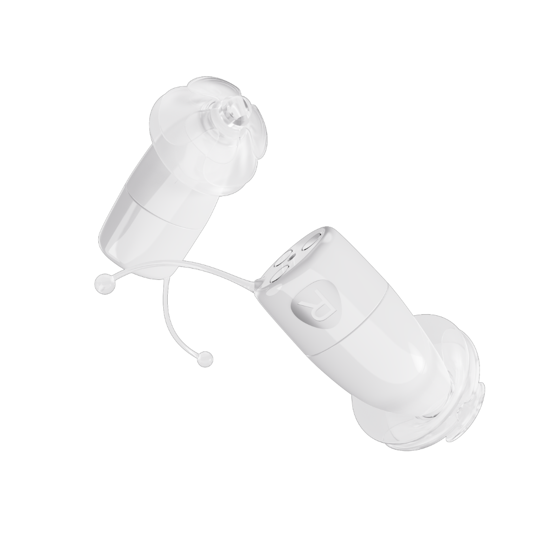 A pair of small, white Ceretone Core One Pro Hearing Aids – Invisible-In-Canal, connected by a thin, flexible wire and featuring silicone dome tips for comfortable ear canal insertion.