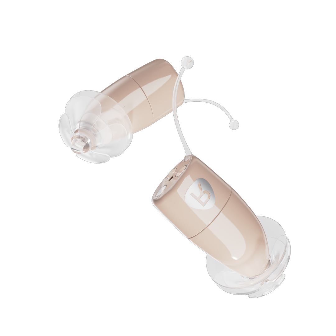 A pair of Ceretone Core One Pro Invisible-In-Canal hearing aids in small beige design with translucent ear tips and thin wires, shown on a white background.