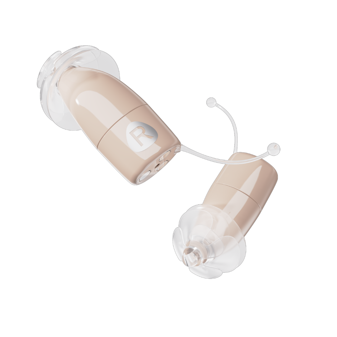Two beige Ceretone Core One Pro Invisible-In-Canal Hearing Aids with clear silicone tips and right ear (R) labeling feature thin wires, all displayed on a plain white background.