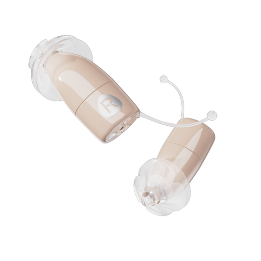 Two beige Ceretone Core One Pro Invisible-In-Canal Hearing Aids with clear silicone tips and right ear (R) labeling feature thin wires, all displayed on a plain white background.