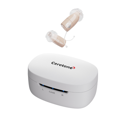 A pair of beige Ceretone Core One Pro Hearing Aids - Invisible-In-Canal rest above a white charging case with LED indicators and labeled compartments for the left and right devices.
