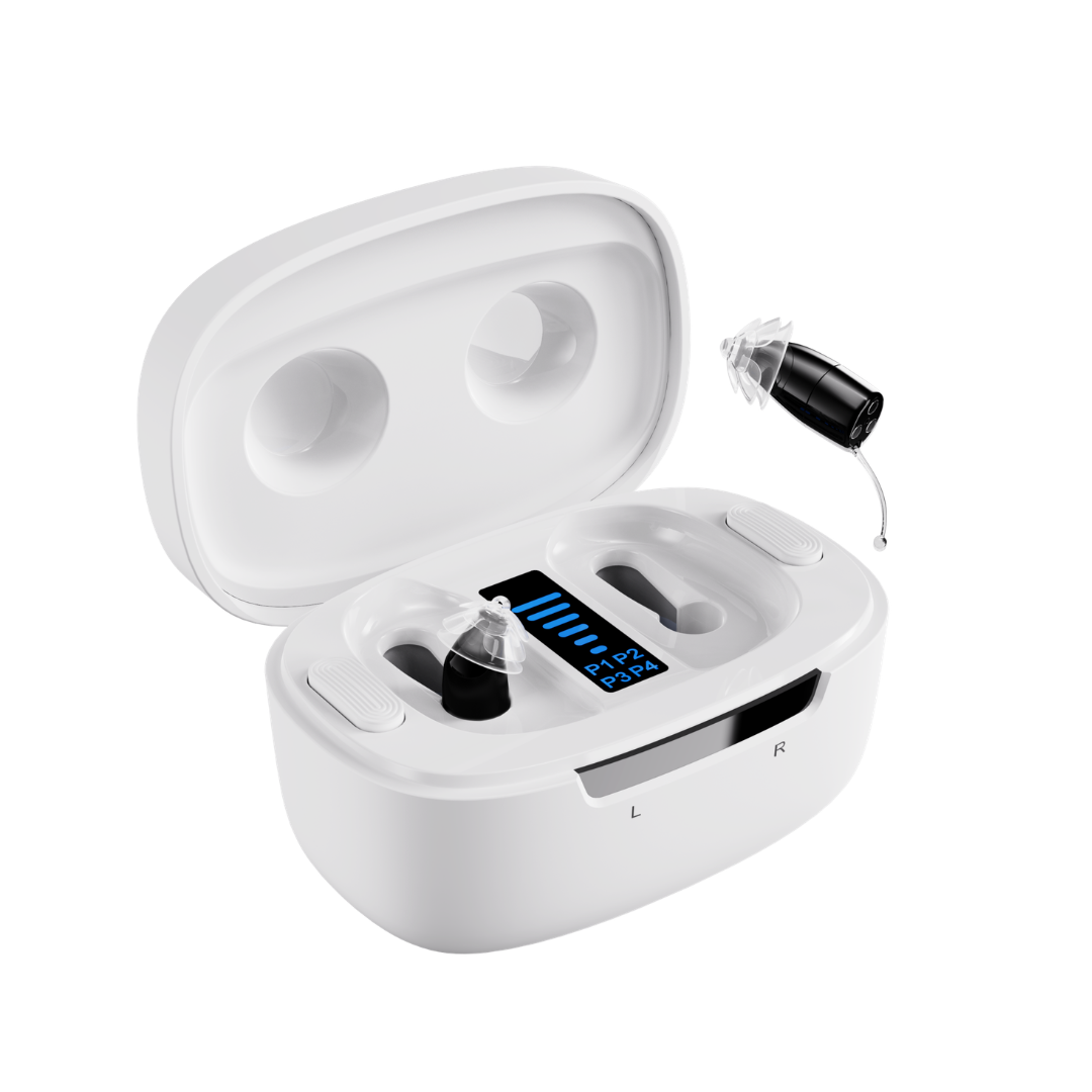 A white Ceretone Core One Pro Hearing Aids case with a digital battery display holds one invisible-in-canal device inside, while the other hovers above, showing its transparent ear tip inspired by IIC hearing aids.