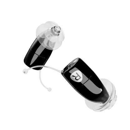 Two Ceretone Core One Pro Invisible-In-Canal hearing aids in small black casings with transparent domes and thin wires are positioned diagonally on a white background, each displaying a "P" logo.