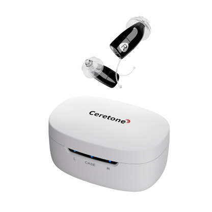 A pair of small black Ceretone Core One Pro Invisible-In-Canal hearing aids with clear ear tips are displayed above a white charging case labeled L, CASE, and R, featuring blue indicator lights.