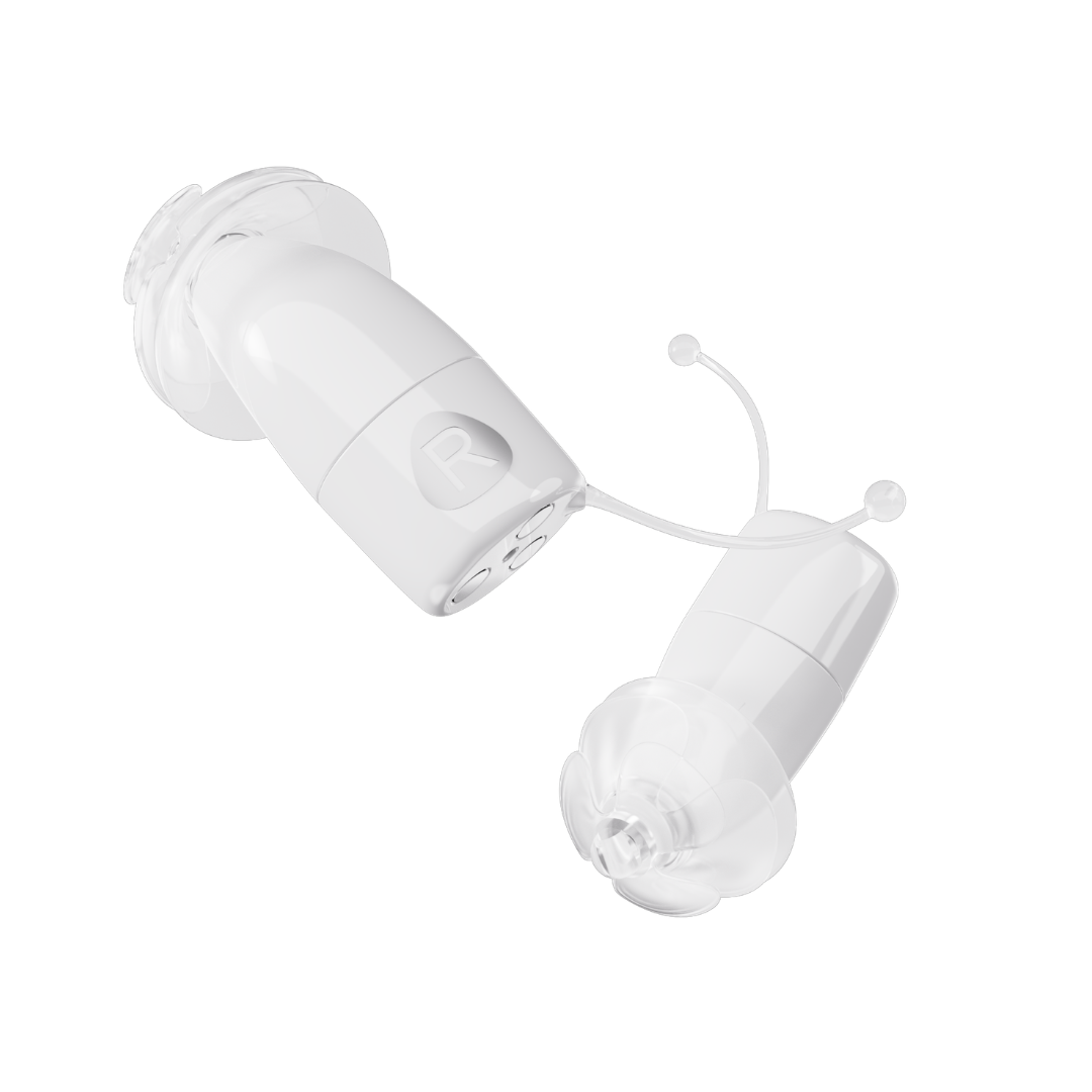 A pair of Ceretone Core One Pro Invisible-In-Canal Hearing Aids, small and white with soft silicone dome tips and a thin flexible wire, displayed against a white background.