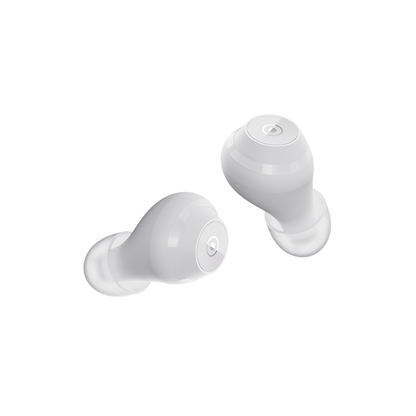 A pair of Ceretone Fusion In-The-Ear OTC Hearing Aids, featuring a sleek, rounded white design similar to modern earbuds, displayed on a plain white background.