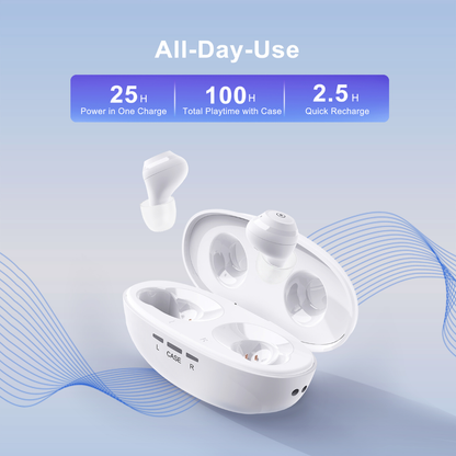 White wireless earbuds, resembling Ceretone Fusion In-The-Ear OTC Hearing Aids, are shown on a blue background. Text above notes: 25 hours use per charge, 100 hours total with case, and fast recharging.