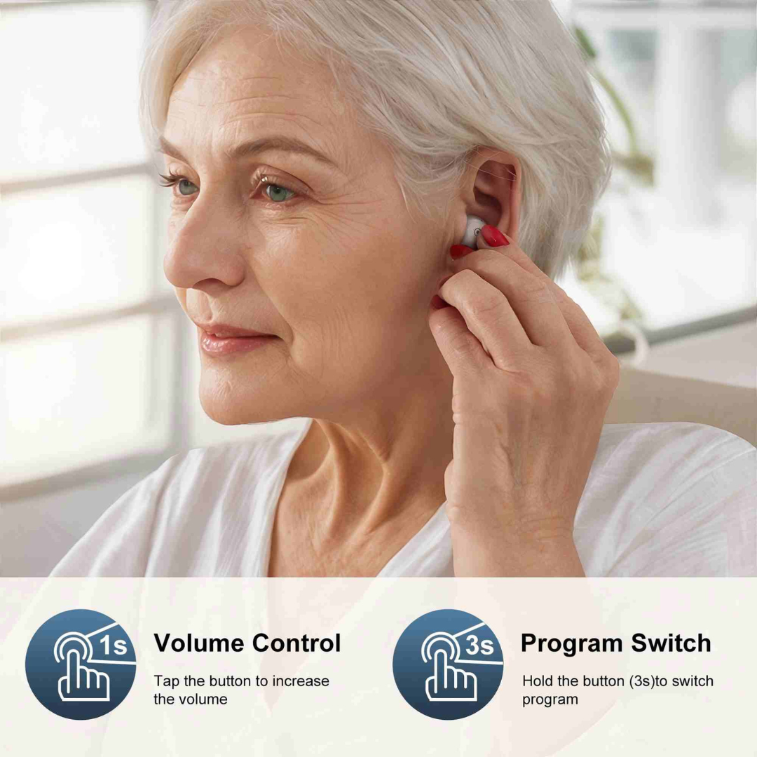 An older woman with short gray hair adjusts a Ceretone Fusion In-The-Ear OTC Hearing Aid. Icons show: tap 1s to increase volume, hold 3s to switch programs. A bright window is visible in the background.