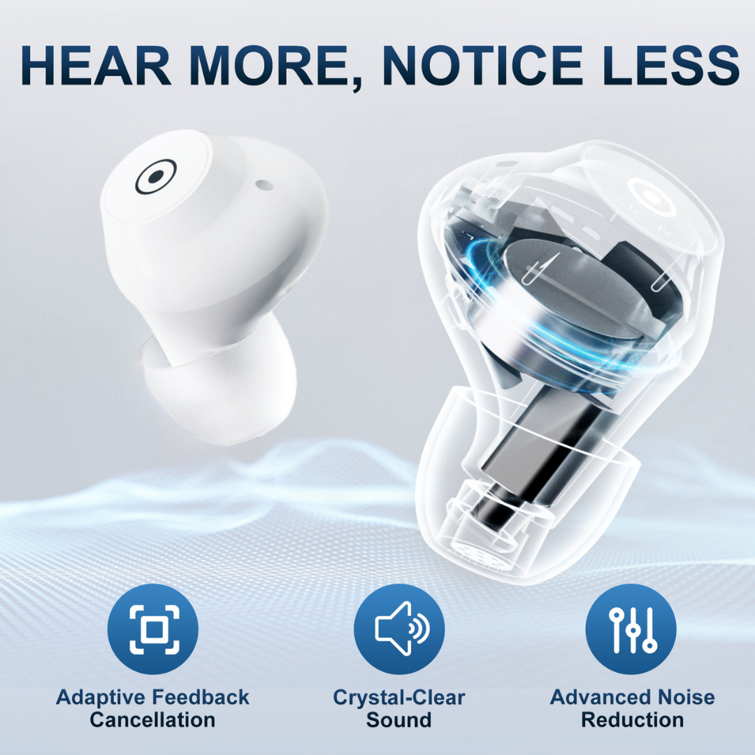 Promotional image of Ceretone Fusion In-The-Ear OTC Hearing Aids with one full earbud and one transparent view of internal components. Text reads Hear more, notice less, featuring icons for adaptive feedback cancellation and advanced noise reduction.