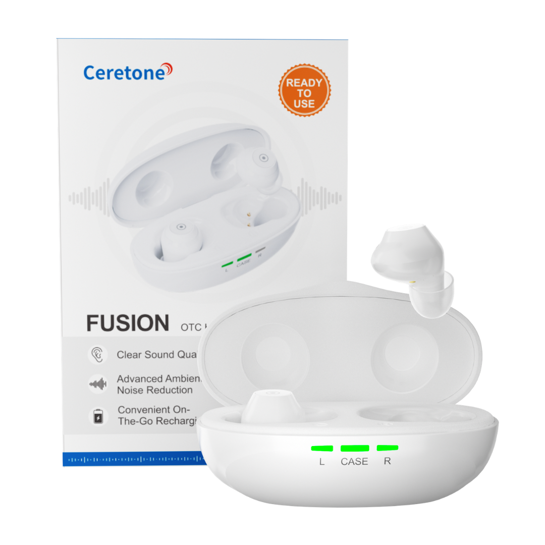 A box of Ceretone Fusion In-The-Ear OTC Hearing Aids stands behind an open white charging case holding two in-the-ear hearing aids, with one floating above. Green indicator lights and key product features appear on the packaging.