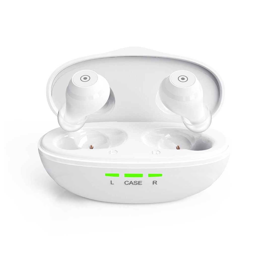 A pair of white Ceretone Fusion In-The-Ear OTC Hearing Aids sit in an open charging case featuring three green LEDs labeled L, CASE, and R on the front.