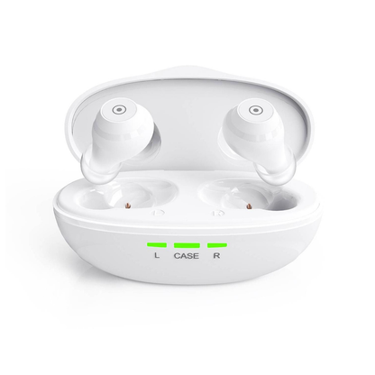 A pair of white Ceretone Fusion In-The-Ear OTC Hearing Aids sit in an open charging case featuring three green LEDs labeled L, CASE, and R on the front.