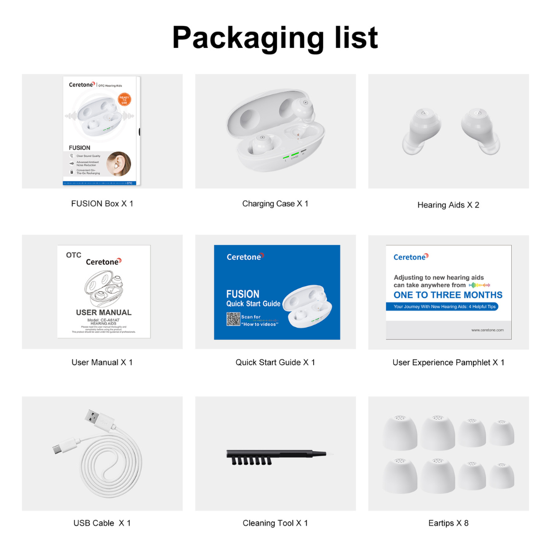 Packaging contents arranged in a grid, including the Ceretone Fusion In-The-Ear OTC Hearing Aids box, charging case, two hearing aids, user manual, quick start guide, experience pamphlet, USB cable, cleaning tool, and six eartip sizes.