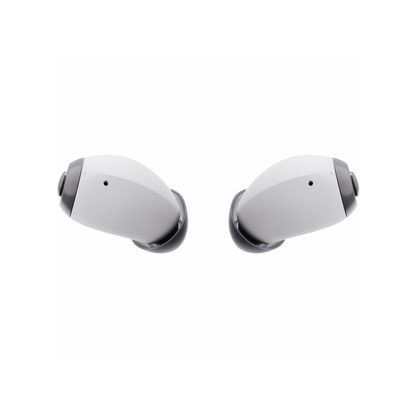 A pair of Ceretone Style In-Ear OTC Hearing Aids in white and gray face each other on a plain white background, showcasing their sleek design and advanced features.