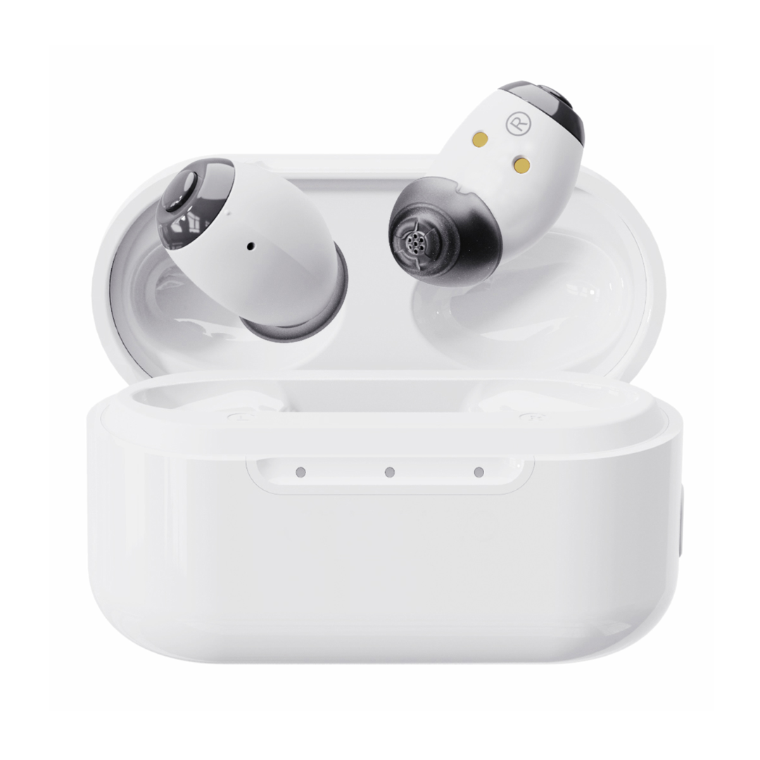 A pair of white Ceretone Style In-Ear OTC Hearing Aids float above their open, sleek charging case on a plain white background—ideal for enjoying seamless streaming anywhere.