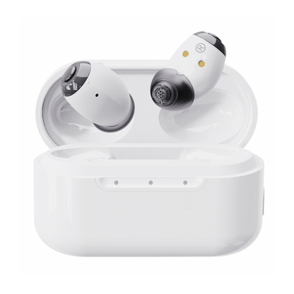 A pair of white Ceretone Style In-Ear OTC Hearing Aids float above their open, sleek charging case on a plain white background—ideal for enjoying seamless streaming anywhere.