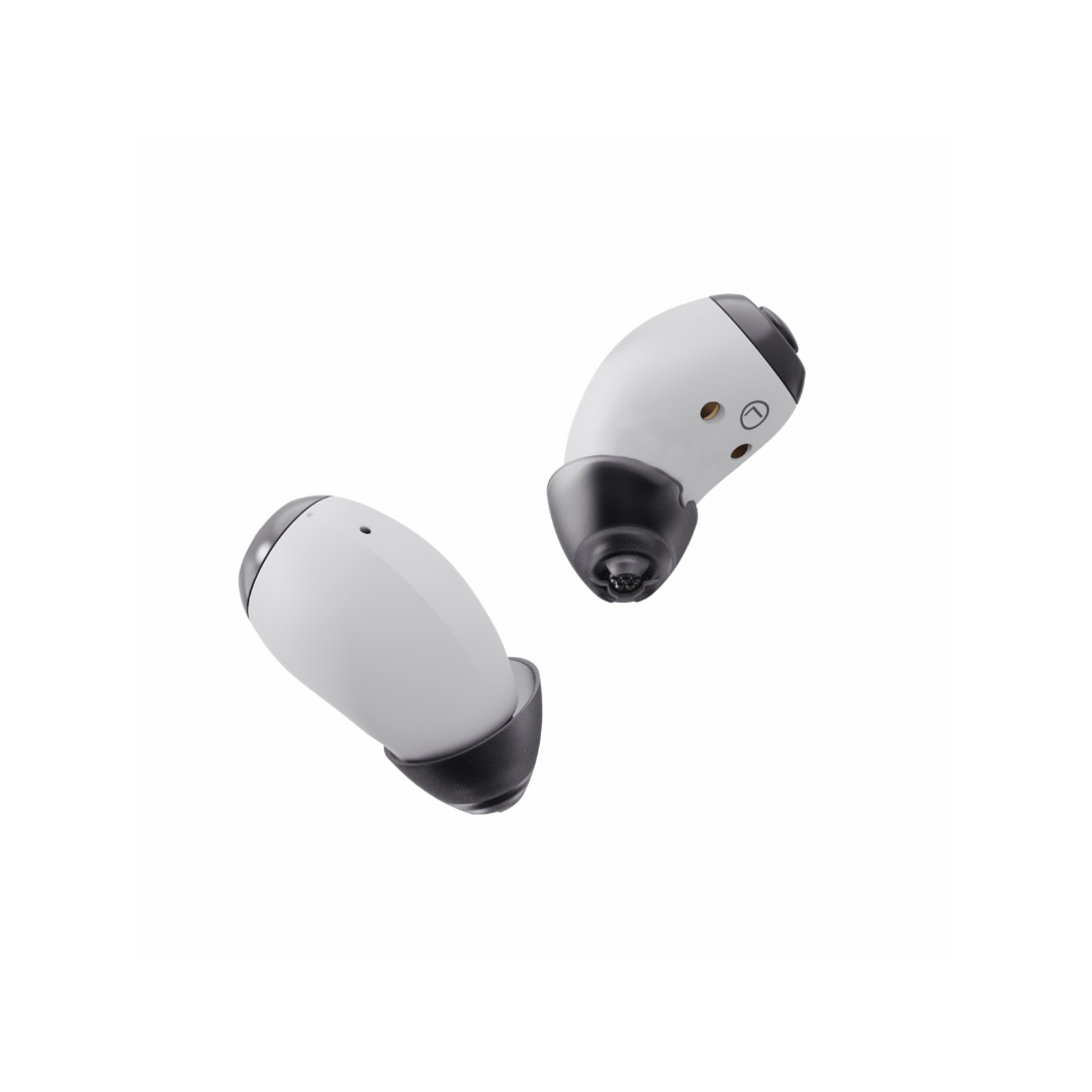Two white and black Ceretone Style In-Ear OTC Hearing Aids with ergonomic design are displayed on a plain white background, showing their earpiece and outer surfaces. Explore full specifications or watch videos for details.