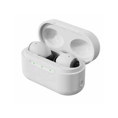 The Ceretone Style In-Ear OTC Hearing Aids are white wireless earbuds in an open charging case with three green indicator lights, a side power button, and clear specs for seamless audio and convenient use.