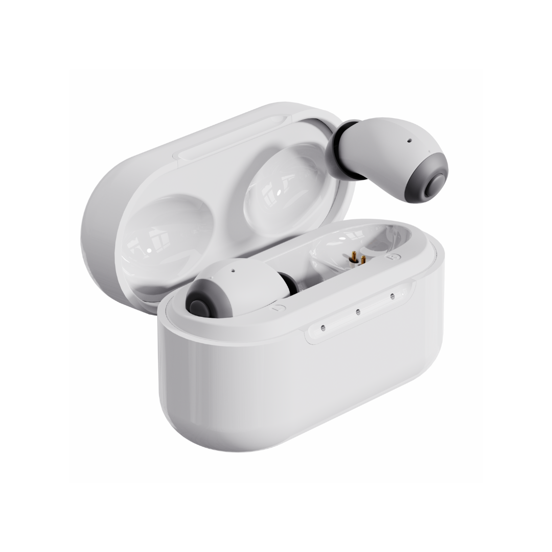 The Ceretone Style In-Ear OTC Hearing Aids feature a glossy, compact charging case with one aid inside and the other resting above—ideal for on-the-go use. Visit specifications for more details.