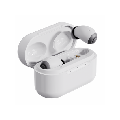 The Ceretone Style In-Ear OTC Hearing Aids feature a glossy, compact charging case with one aid inside and the other resting above—ideal for on-the-go use. Visit specifications for more details.