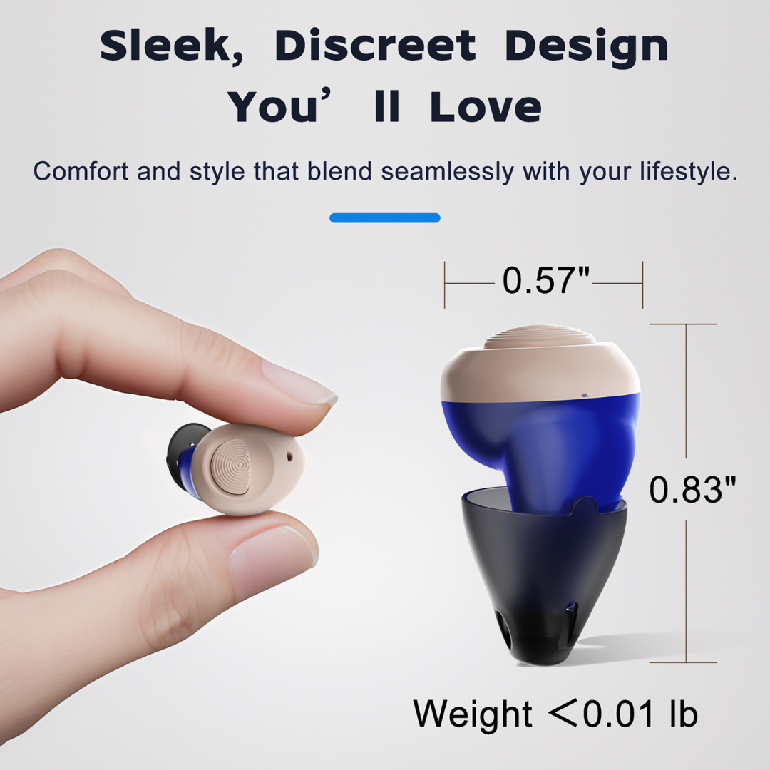 A hand displays Ceretone Torch In-Ear Hearing Aids, emphasizing their discreet, sleek design. Text notes crystal-clear sound, a compact 0.57 x 0.83-inch size, and weight under 0.01 lb—ideal for comfortable and stylish use with confidence.