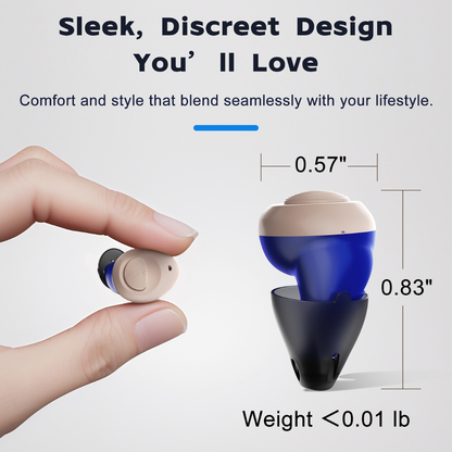 A hand displays Ceretone Torch In-Ear Hearing Aids, emphasizing their discreet, sleek design. Text notes crystal-clear sound, a compact 0.57 x 0.83-inch size, and weight under 0.01 lb—ideal for comfortable and stylish use with confidence.