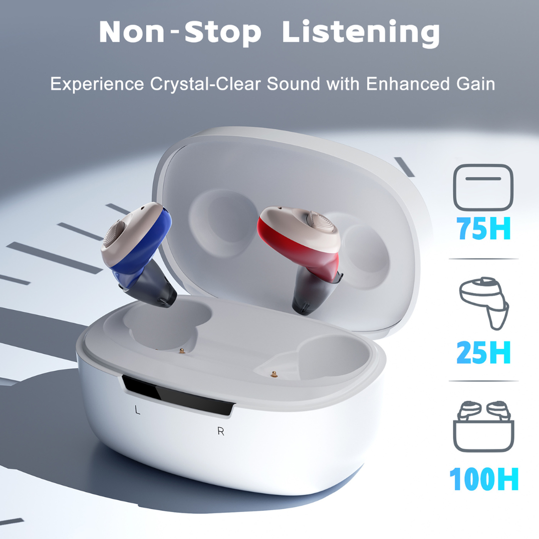 A blue and a red Ceretone Torch In-Ear Hearing Aid sit in an open white case. Text highlights 75-hour playtime, crystal-clear hearing, and a discreet, comfortable design. A clock face is shown in the background.