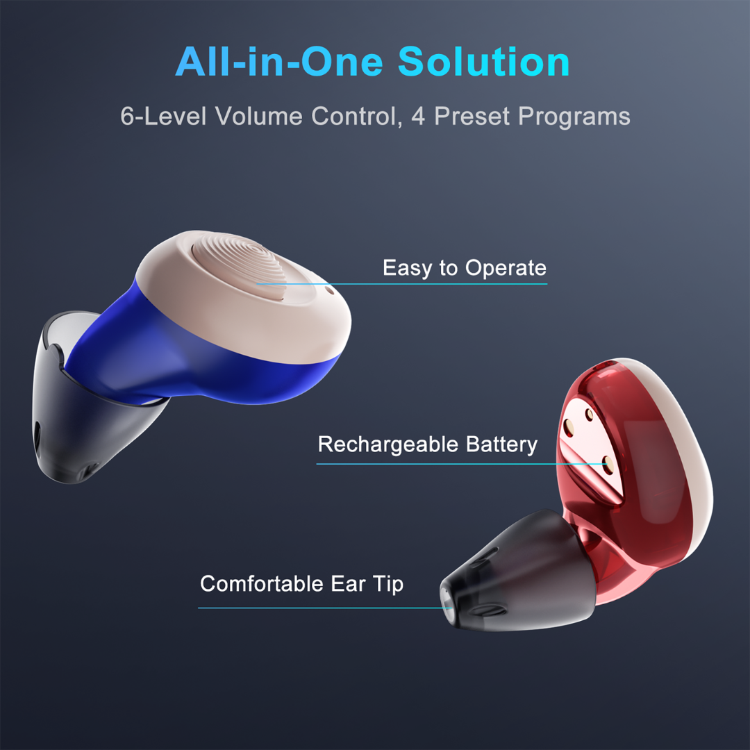Ceretone Torch In-Ear Hearing Aids, in blue and red, feature labeled controls for easy use, rechargeable batteries, comfortable ear tips, 6-level volume control, and 4 preset programs for clear hearing.