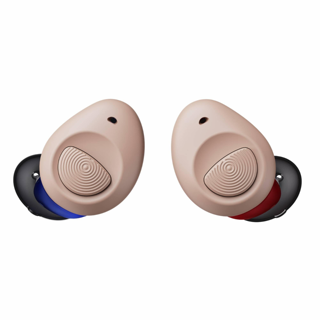 A pair of beige Ceretone Torch In-Ear Hearing Aids with black tips, a blue accent on the left and red on the right, featuring crystal-clear hearing and a circular textured button.