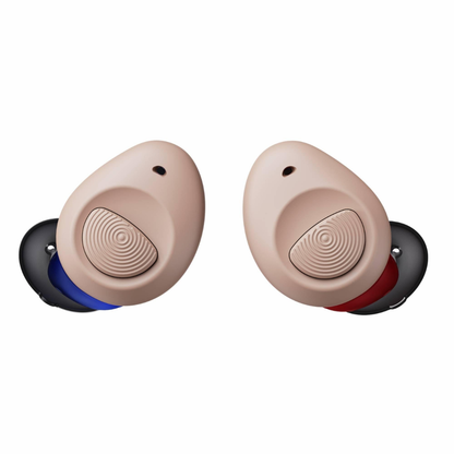 A pair of beige Ceretone Torch In-Ear Hearing Aids with black tips, a blue accent on the left and red on the right, featuring crystal-clear hearing and a circular textured button.